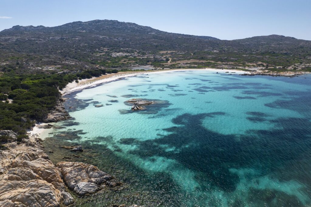 Vista dall'alto della costa dell'Asinara, con la macchia bassa che scende verso un mare turchese